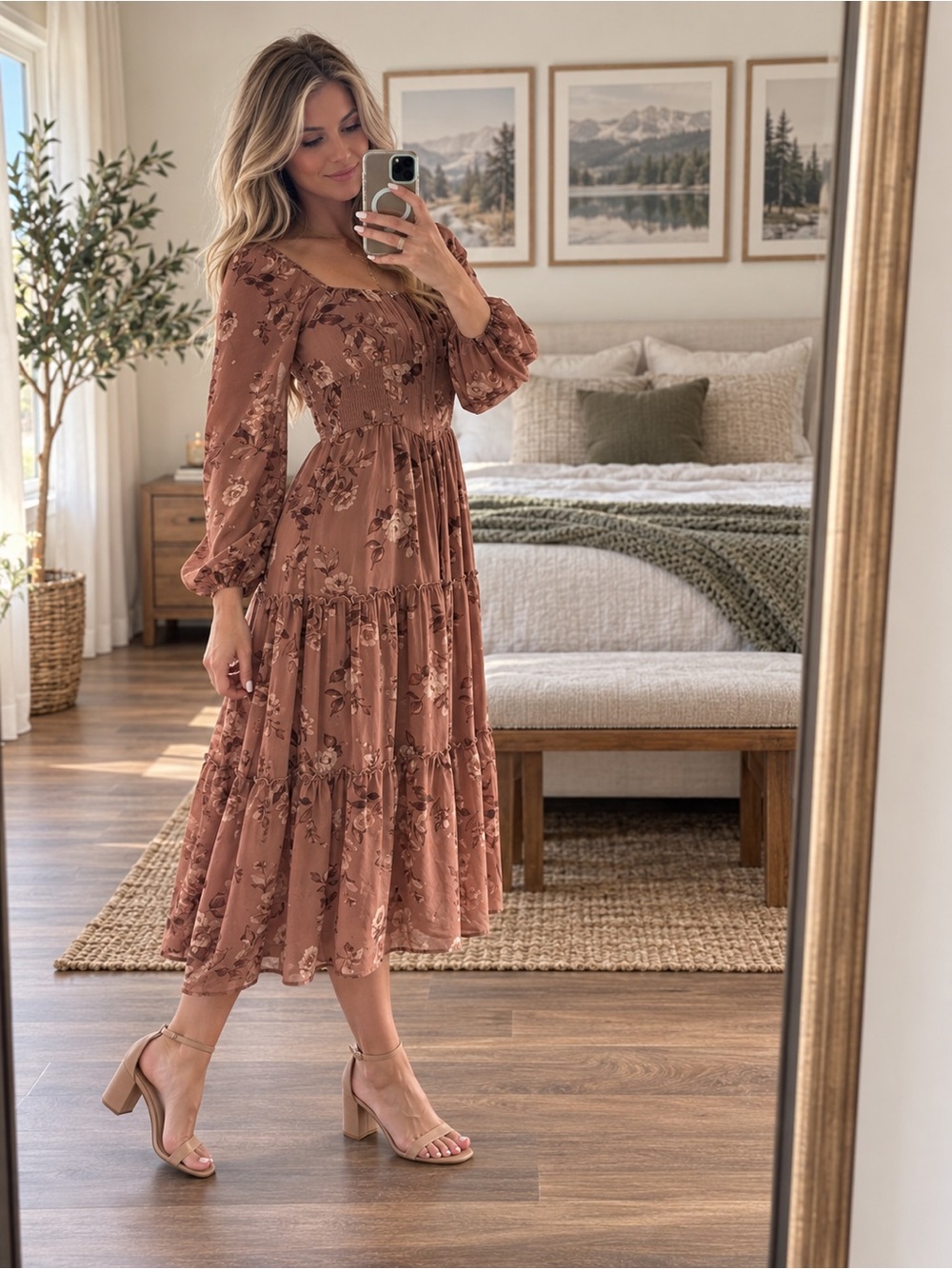 Trixxi Dusty Rose Floral Tiered Midi Dress